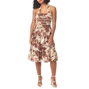 Sam Edelman Jennie Smocked Halter Top Women's 3 Tiered Midi Floral Dress Boho L